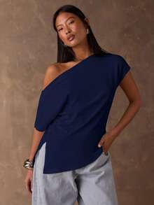 SHEIN BAE Camiseta casual de mujer de unicolor con hombro asimétrico y manga corta - Azul Marino - Ver 7