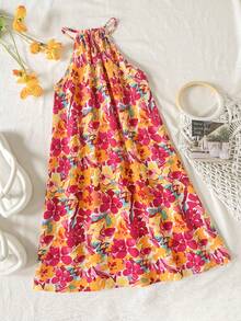 SHEIN Vestido halter de gasa con estampado floral diminuto para niñas preadolescentes de vacaciones - Multicolor - Ver 2