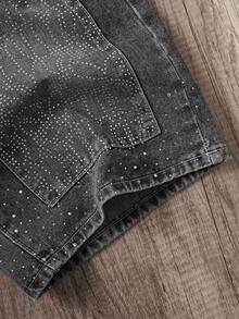 Manfinity Joysei Pantalones cortos vaqueros de pierna ancha con bolsillo con adorno de rhinestones, estilo casual y holgado para hombres - Gris - Ver 4