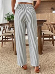 女士休闲裤，松紧腰带，条纹图案 - 彩色 - 查看 2