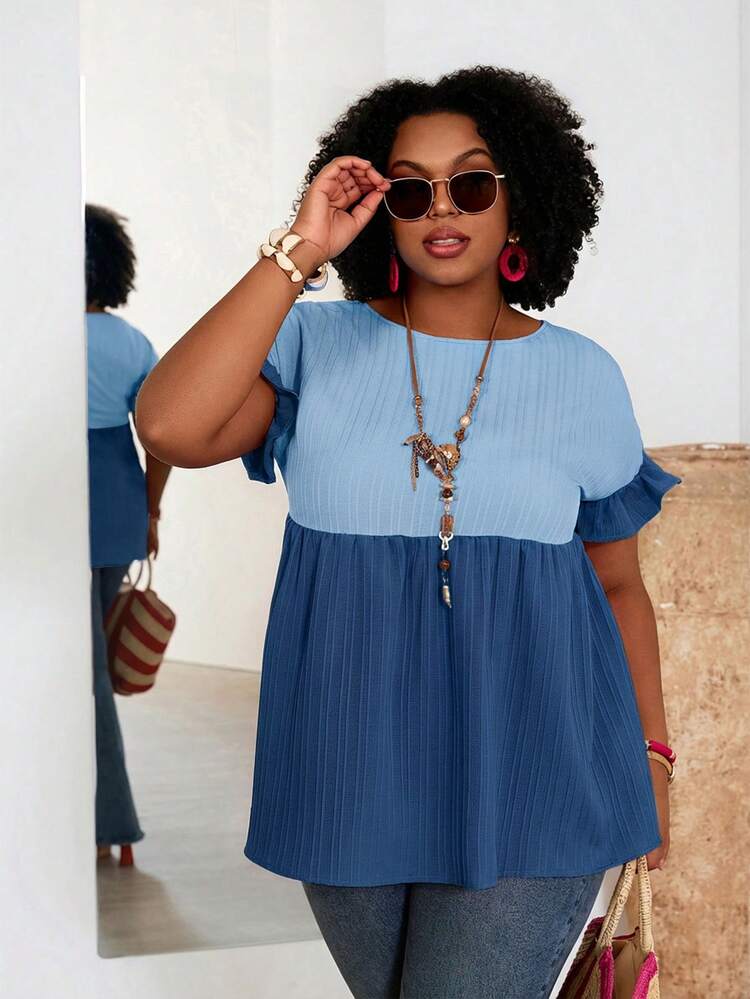 Plus Size Women Contrast Color Round Neck Loose Fit Smock Blouse,Country Casual Vacation Outfits Woman,Simple And Fashionable For Everyday Wear,Summer Tops Women,Summer Outfits For Women,Vacay Outfits Women