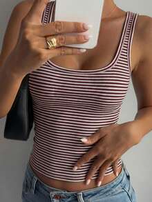 DAZY Women's Striped Square Neck Fitted Casual Versatile Tank Top - Coffee Brown - View 4