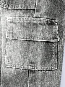 SHEIN Quần cargo thường ngày cho bé trai sơ sinh/trẻ nhỏ, màu xám, cạp chun, nhiều túi, dáng rộng thoải mái, chất liệu denim cotton mềm mại, đa năng cho mặc hàng ngày, đi học, dự tiệc, hàng mới về, phù hợp mọi mùa. - Màu Xám nhạt - Xem 6