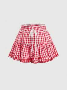 Sweetness Plus Size Cute Floral Ruffled Gingham Mini Skirt - Red and White - View 6
