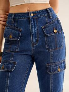 CielaLinda Jean évasé bleu foncé multi-poches pour femmes, pantalon en denim à taille haute et jambes évasées, style de rue estival, bohème quotidien pour festival, mode Y2K - Bleu azur - Voir 5