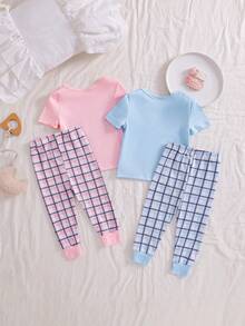 SHEIN Bộ quần áo 4 món ôm sát cho bé gái - Màu xanh dương & hồng, in hình mây, trăng, thỏ, sao dễ thương, áo tay ngắn và quần. - Nhiều màu - Xem 2