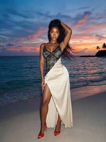 Slaydiva Lễ hội âm nhạc Xuân Hè mới, Ngày Valentine, Lễ Phục Sinh, Mùa cưới, Mùa lễ hội, Kỳ nghỉ biển, Thường ngày, Thanh lịch, Đi làm, Mặc hàng ngày, Trang phục công sở, Kỳ nghỉ, Tiệc tùng, Du thuyền, Tiệc tùng, Cơ bản, Hẹn hò hàng ngày, Y2K, Dây đeo cổ gợi cảm, Cổ chữ V, Viền ren đen, Xẻ tà cao đến đùi, Vải satin bóng, Váy màu mơ, Váy dài nữ -A - Màu be - Xem 2