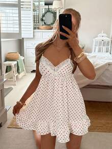 CovetEZ White Polka Dot Pattern Spaghetti Strap Mini Dress For Women - White - View 4