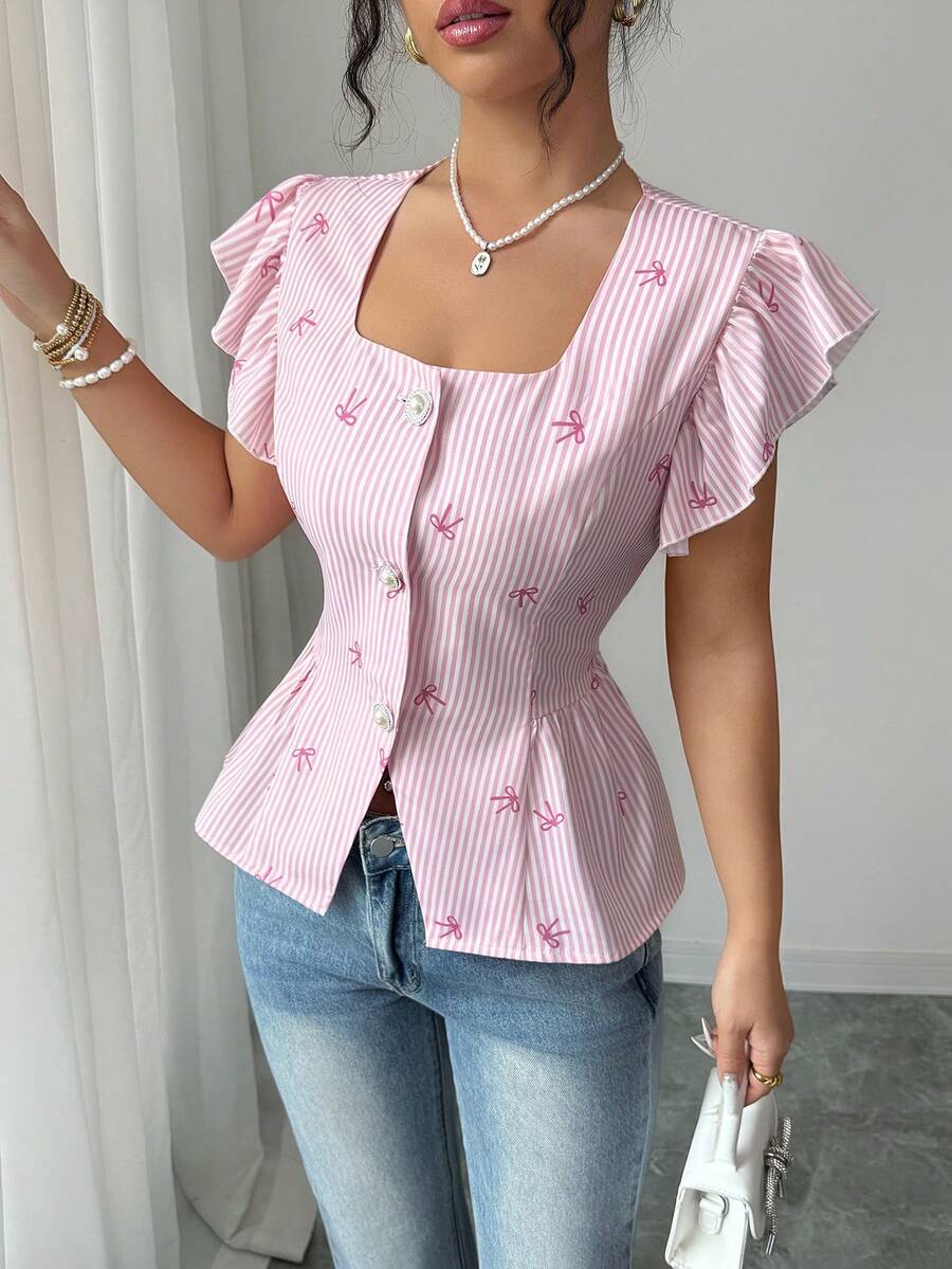 Elenzga New Fashionable Casual Elegant Square Collar Ruffle Hem Blouse, Versatile Summer Women Clothing - Pink - View 1