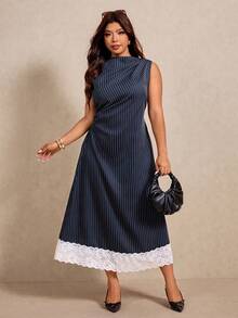 Elaquor Plus Size Women's Navy Blue Ruffle Lace Hem Elegant Dress, Summer Tea Party Formal Sleeveless Midi Dress, Business Casual Draped Neckline Lace Trim - Navy Blue - View 1