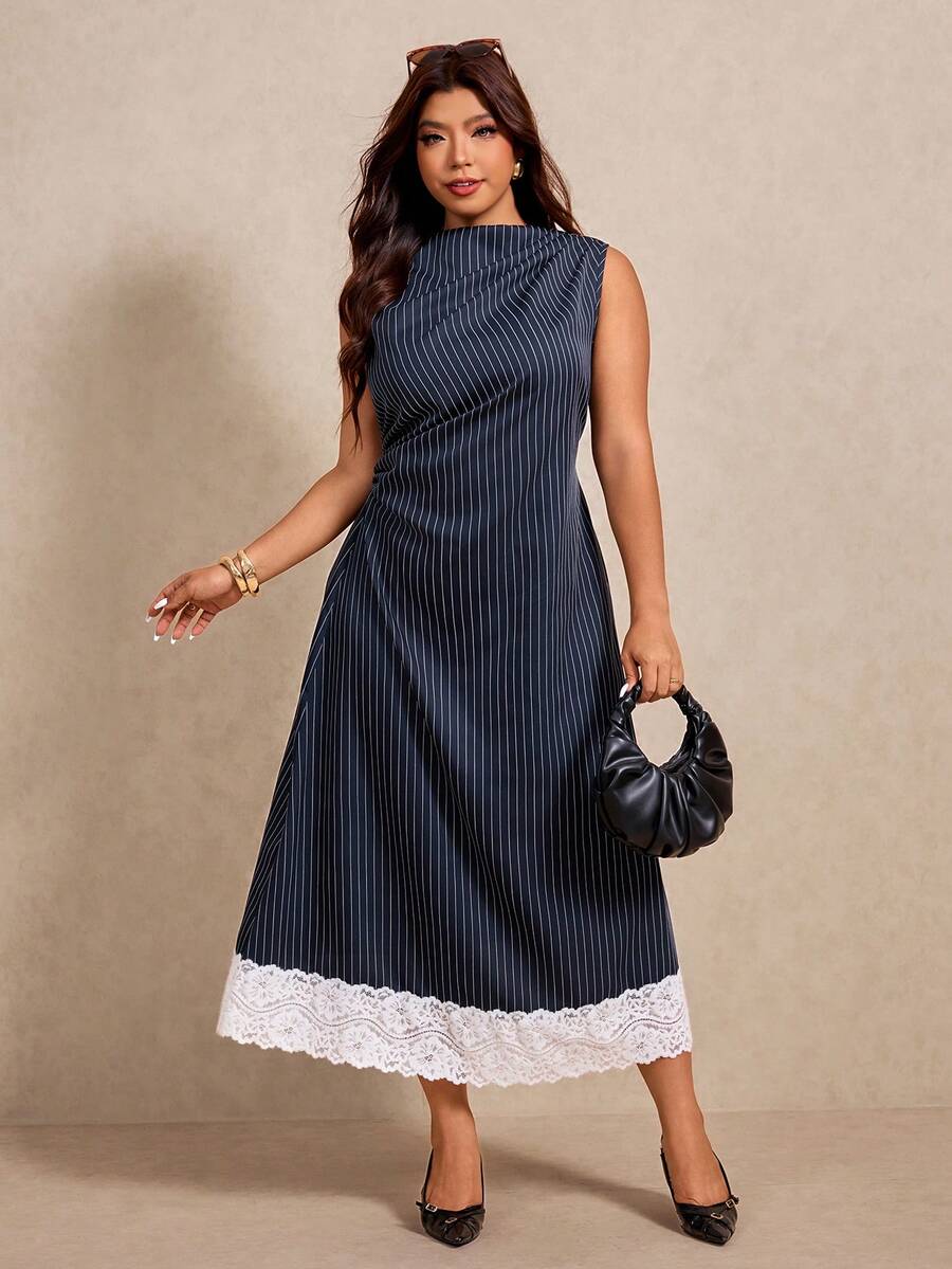 Elaquor Plus Size Women's Navy Blue Ruffle Lace Hem Elegant Dress, Summer Tea Party Formal Sleeveless Midi Dress, Business Casual Draped Neckline Lace Trim - Navy Blue - View 1