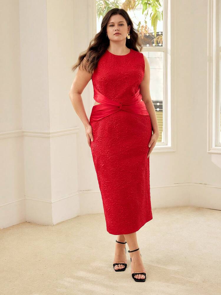 PLUS JACQUARD CONTRAST SATIN HOLLOW-OUT WAIST ELEGANT MID-LENGTH DRESS