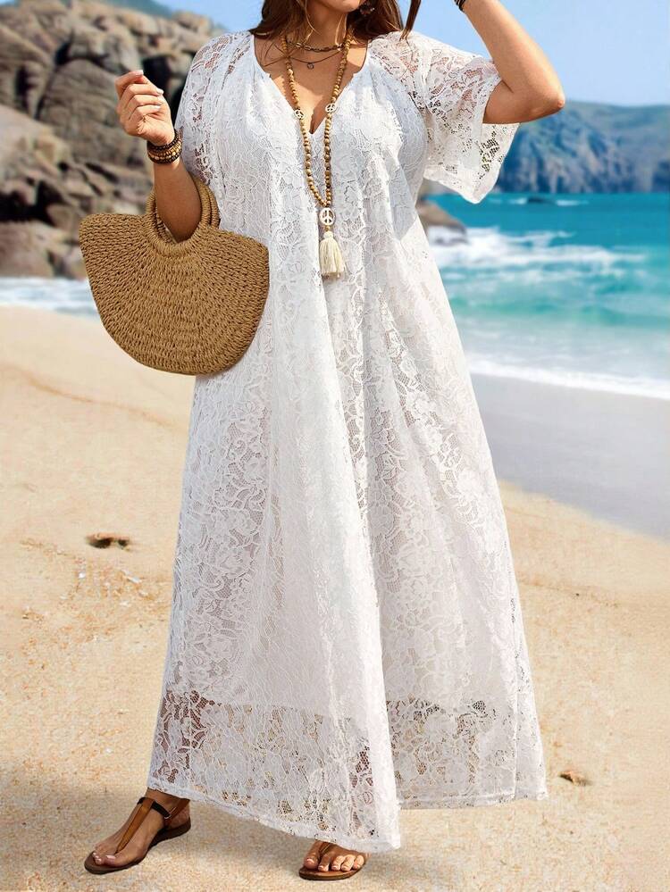 Plus Size Women's Summer Casual Vacation Country Solid Color Solid White Lace Long Dress,Summer Outfits For Women ,Vacation Outfits Women ,Holiday Outfits For Women,Going Out Outfits,2026 New Clothes,Simple And Fashionable For Everyday Wear,Suitable For Summer, Vacation, Daily Wear, Festival Outfits For Women,Country Concert Outfit,Beach Outfits For Women,Western Style,Flowy Dress