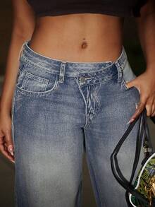 Jeanoix 女士休闲日常穿着牛仔喇叭裤，带口袋 - 藍色 - 查看 7