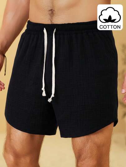 VENTUSAIL Men's Black Casual Drawstring Waist Sports Shorts, Simple Solid Color Versatile For Daily Commute, Summer