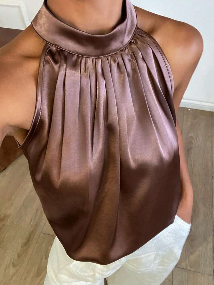 Women's Sleeveless Pleated Collar Elegant Formal Summer Top