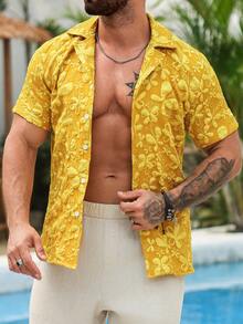 VENTUSAIL Men's Casual Jacquard Short Sleeve Shirt, Summer - Gold - View 5