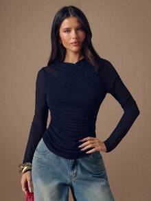 SHEIN BAE Áo thun nữ dài tay cổ chữ V xếp ly màu trơn, ôm dáng. - Màu xanh hải quân - Xem 4