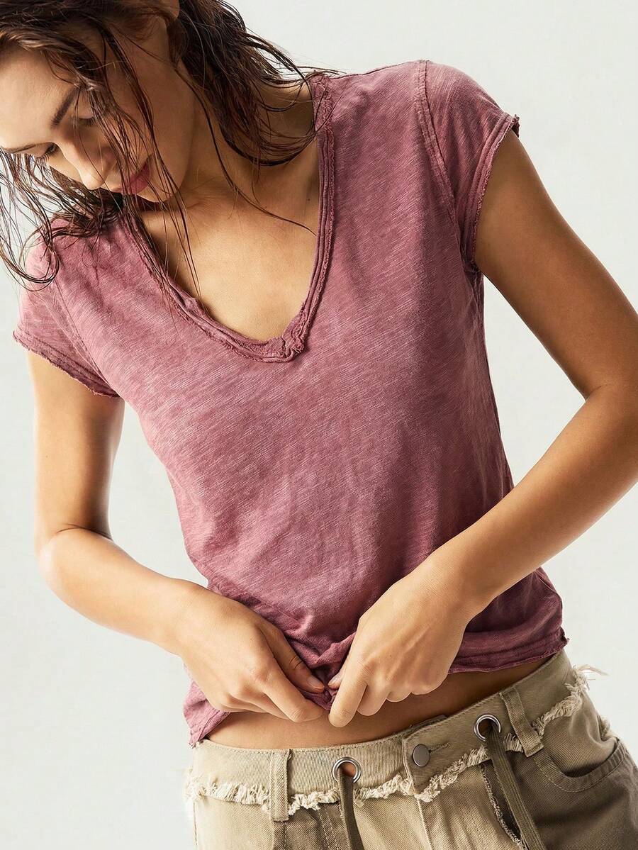 Bohemela 女士纯色V领短袖修身水洗T恤，夏季复活节 - 藕粉色 - 查看 1