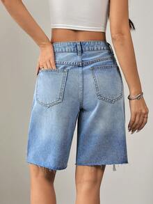 SHEIN PETITE 女士休闲水洗做旧牛仔短裤，夏季 - 深色水洗藍 - 查看 2