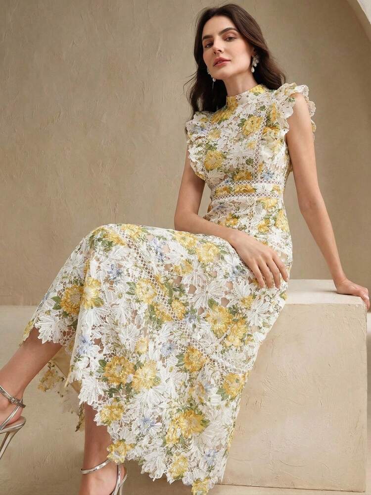 Elegant Vacation Yellow-Green Water-Soluble Lace Flared Ruffle Sleeve Waist Cinching Long Dress For Women