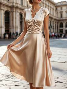 Rafferiza Damen Neues Kleid mit V-Ausschnitt, Kurzarm, plissierter geraffter Taille und Knopfleiste, Midi-Länge - Champagnerfarben - Übersicht 4