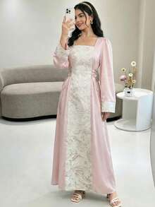 SHEIN Đầm dài tay thanh lịch màu hồng dệt họa tiết chắp vá jacquard cổ vuông, thắt eo dành cho thiếu nữ. - Hồng - Xem 5