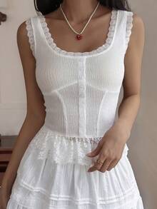 DAZY Áo tank top cổ tròn ôm sát phối ren tương phản, kiểu dáng thường ngày, thích hợp cho kỳ nghỉ của nữ, phong cách Y2K. - trắng - Xem 1