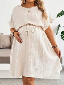 Plussiva Plus Size Pregnant Women's Solid Color Round Neck Batwing Sleeve Casual Soft Form Sexy Dress Maternity Photoshoot Summer Babyshower Pink - Apricot - View 3