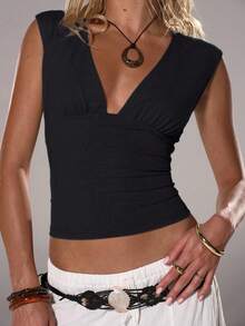 SHEIN Tall High-Cut Casual Versatile Deep V Slim Fit Black Tank Top For Women - Black - View 1