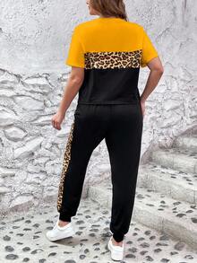 SHEIN LUNE Conjunto informal de 2 piezas de camiseta de manga corta y pantalones con estampado de leopardo y parches para mujer de talla grande - Multicolor - Ver 2