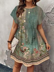 SHEIN LUNE Đầm dáng rộng tay ngắn, cổ tròn, họa tiết hoa vintage tối giản, eo nhún bèo, cỡ lớn, thích hợp cho kỳ nghỉ xuân/hè. - Nhiều màu - Xem 1