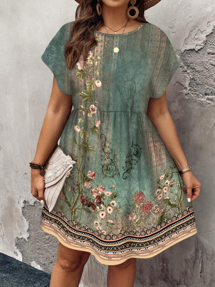 SHEIN LUNE Đầm dáng rộng tay ngắn, cổ tròn, họa tiết hoa vintage tối giản, eo nhún bèo, cỡ lớn, thích hợp cho kỳ nghỉ xuân/hè. - Nhiều màu - Xem 1