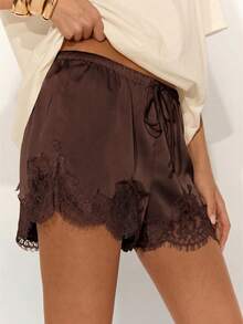 SHEIN BAE Women's Drawstring Waist Lace Patchwork Casual Versatile Daily Wear Shorts - Coffee Brown - View 5