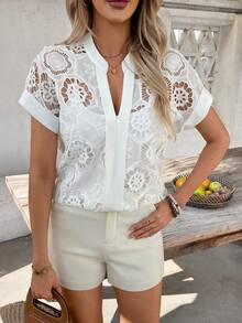 SHEIN Clasi Blusa elegante de cuello en V bordada para vacaciones - Blanco - Ver 6