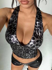 EgrlEra Top halter con estampado de leopardo y cristales, espalda descubierta, para verano - Multicolor - Ver 5