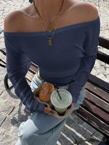 Muchica Navy Blue Off-Shoulder Fitted Knit T-Shirt - Navy Blue - View 5