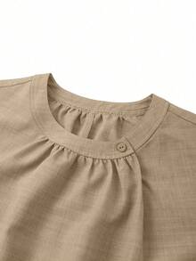 Linhara Plus Size Women Summer Elegant Commuter Round Neck Ruched Texture A-Line Sleeveless Blouse - Khaki - View 5