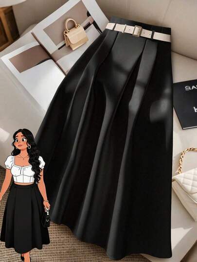 GlowEve CURVE Saia Preta Minimalista de Cintura Elástica Estilo A-Line com Fivela para Mulheres Plus Size