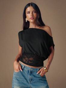 SHEIN PETITE CURVE 大码女装时尚黑色针织蕾丝拼接不对称肩部上衣，夏季衬衫，休闲上衣，优雅上衣，度假装，黑色上衣 - 黑色 - 查看 9