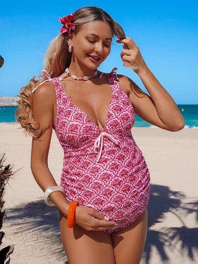 SHEIN 26SS Gradient Print Sophisticated Maternity Swimsuit Set, Beach Vacation Spaghetti Strap Tankini Bikini 2026SS New Women's Swimwear Arrival For Holiday, Date, Western, Cruise, Beach, Island, Road Trip, All Seasons, Music Festival, Boho Vacation,Bohemian Vacation, Chill Autumn Boho Y2K Elegant Vintage