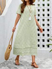 EMERY ROSE Vestido casual de manga corta con cuello redondo y estampado de cuadros, talla grande, para verano - Verde - Ver 6