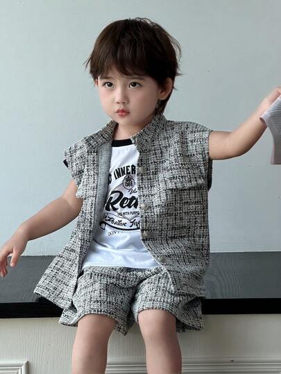 DAZY 男婴格子短袖衬衫和短裤套装