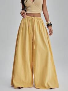 TypaGal Pantalones casuales anchos de cintura con cordón de unicolor para mujer - Amarillo - Ver 7