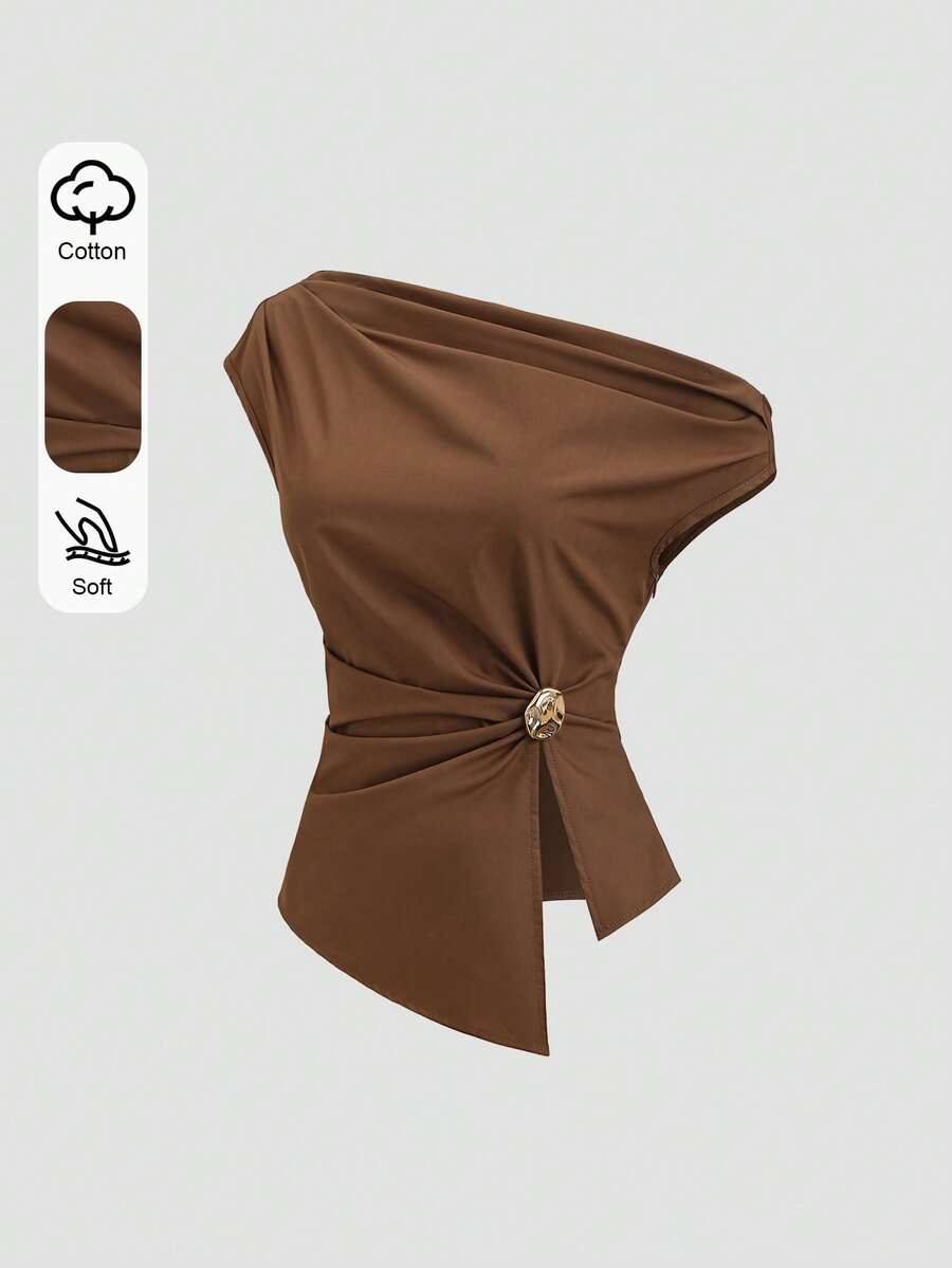 Sweetra Áo kiểu dáng mới mùa Xuân/Hè, mang phong cách đường phố thanh lịch, họa tiết chấm bi cổ điển, chất liệu tinh tế, tối giản, ôm sát, không dây vai, lệch vai. - màu nâu - Xem 1
