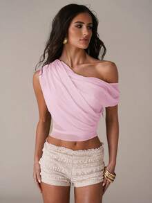 SHEIN BAE Blusa de mujer de unicolor con hombro asimétrico fruncido y de moda - Rosa Pálido - Ver 4