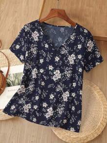 EMERY ROSE Áo cổ chữ V in hoa, áo tay ngắn - Xanh và trắng - Xem 1