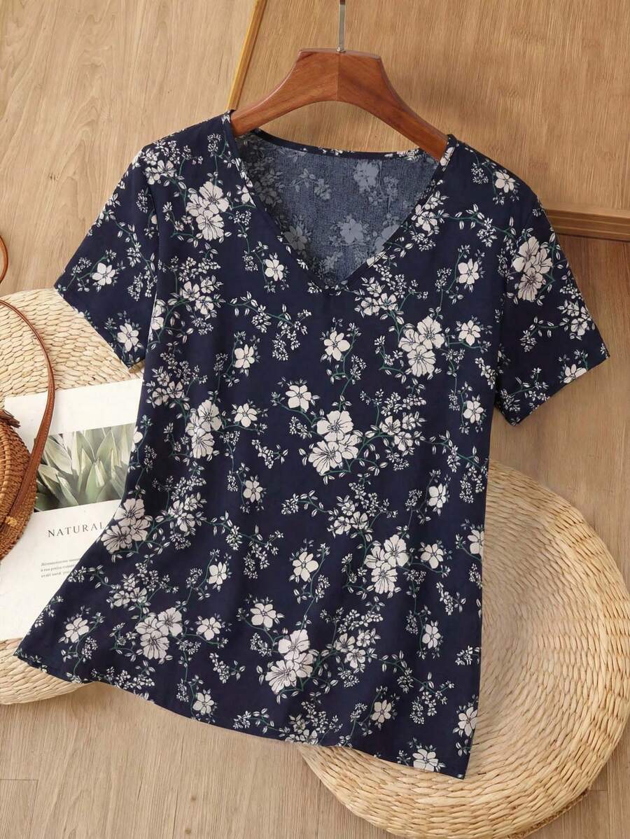 EMERY ROSE Áo cổ chữ V in hoa, áo tay ngắn - Xanh và trắng - Xem 1