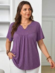 Rosumi Kaos Lengan Pendek Kerah Berlekuk Warna Polos Kasual Musim Panas Ukuran Besar - Purple - View 11