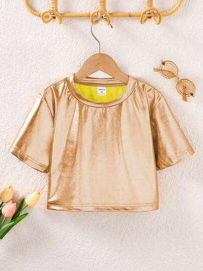 Sparklyn Áo thun tay ngắn cổ tròn dáng casual dành cho bé gái tuổi teen, chất liệu ánh kim.